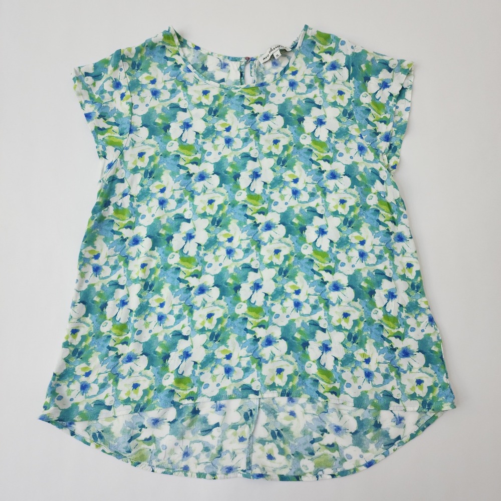 Ava Christine Womens‎ XL Floral Cap Sleeve Blouse Blue Green Watercolor High Low